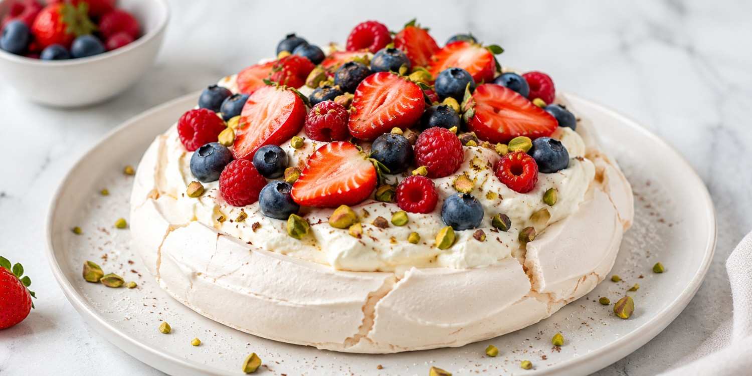 Classic egg white pavlova with a crisp meringue shell and fresh fruit topping